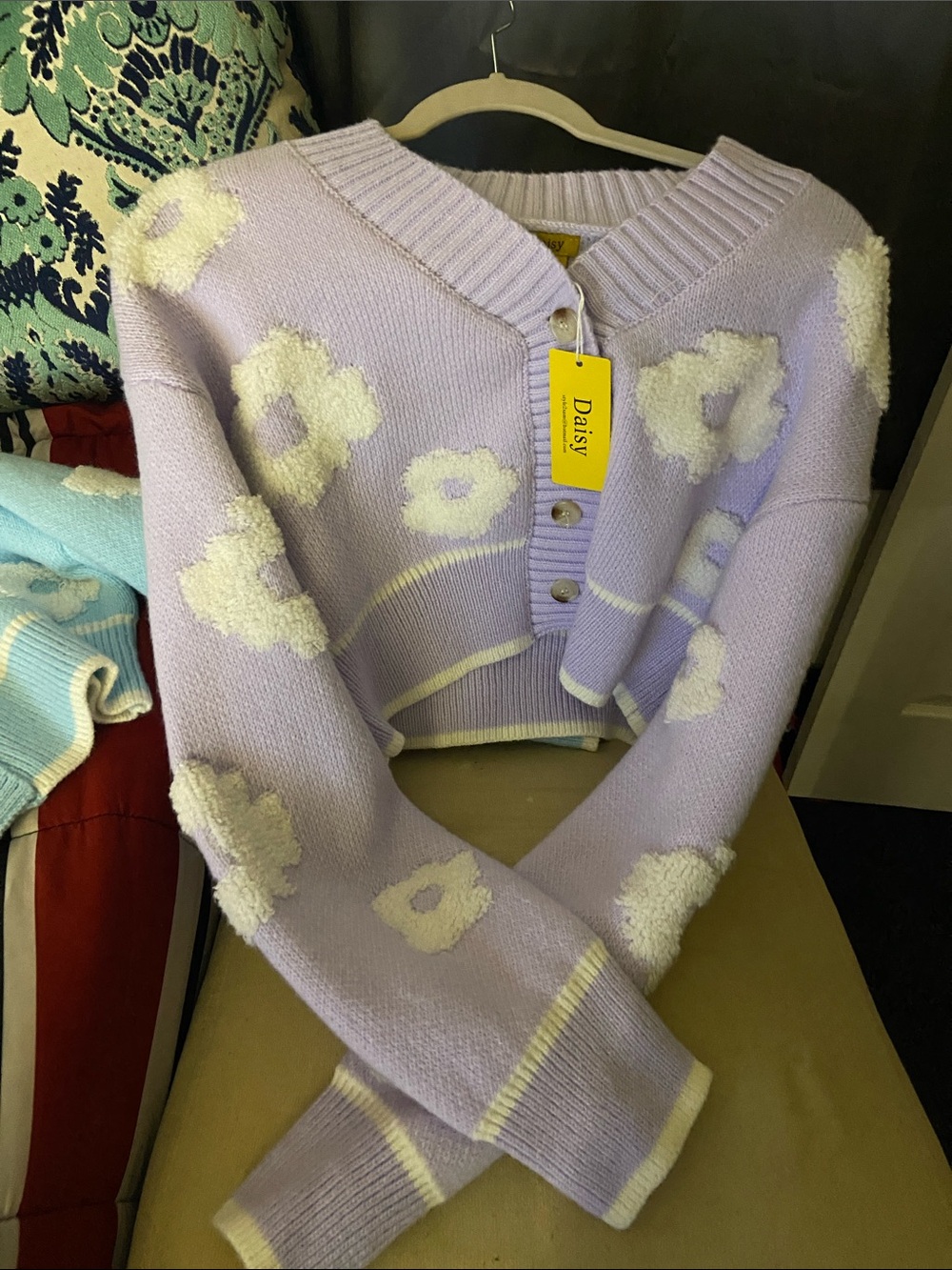 Daisy Lavender Cropped Cardigan with Cream Floral Appliqué